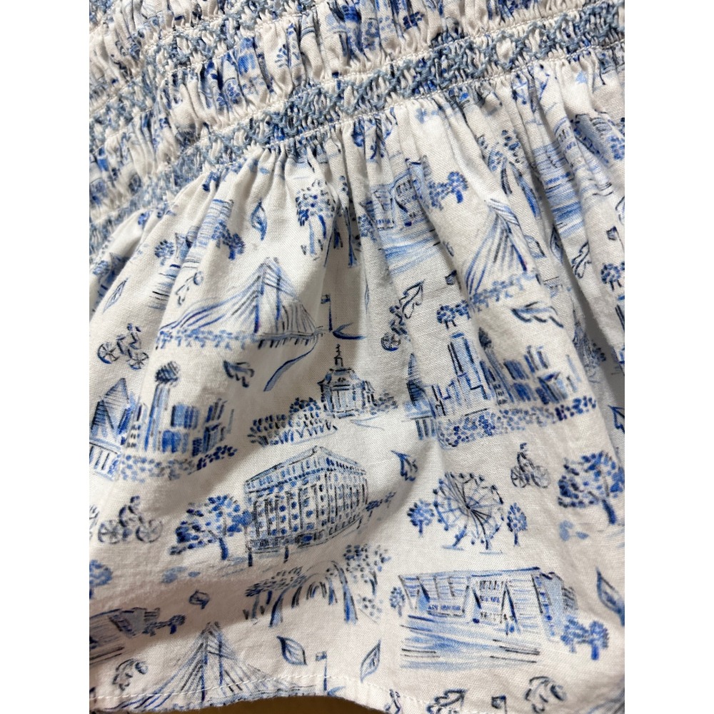 Dondolo XL Toile Top Blue White Smocked Puff Sleeve Cotton Cottage Ferris Travel - Picture 10 of 11